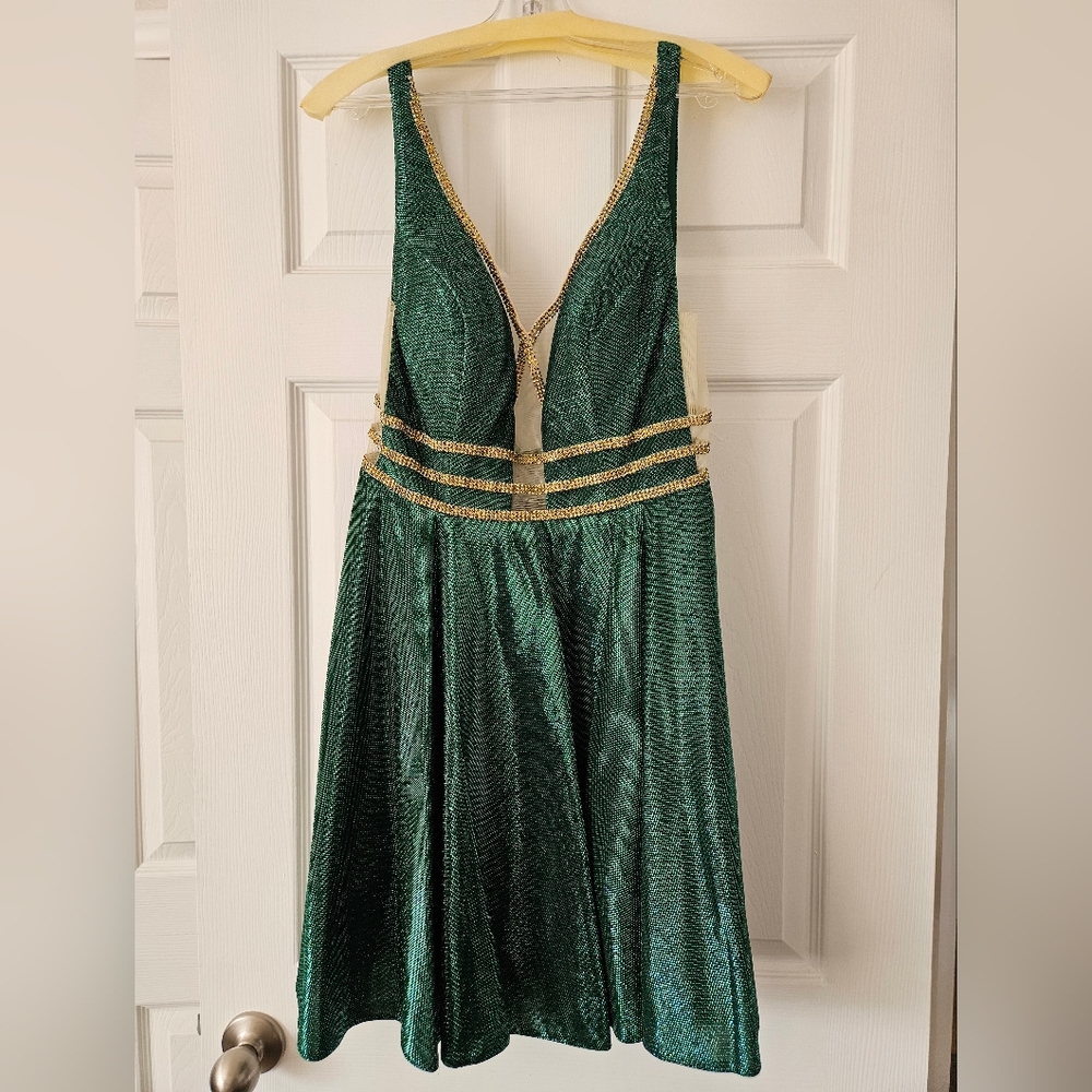 JVN Green and Gold Shoet Prom Dress Size 10